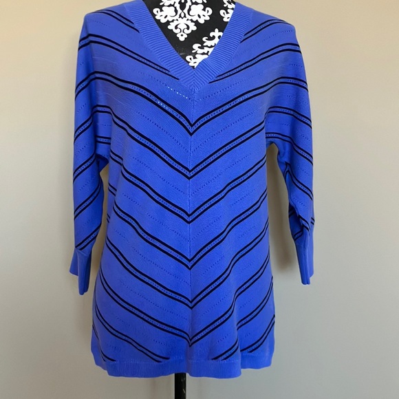 Beautiful royal blue V necked cotton rayon sweater w/raglan sleeves & black knit - Picture 4 of 10